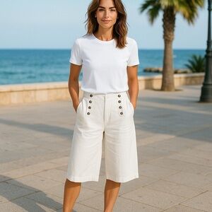 J Jill I Love Linen White Wide-Leg Sailor Button Capri Pants Size Large Like New